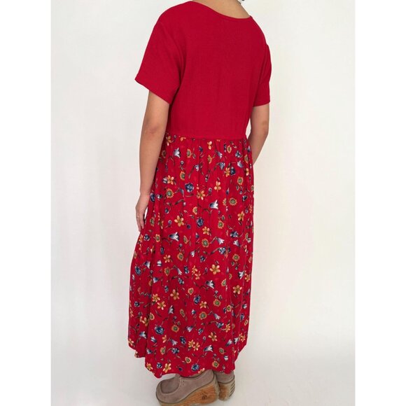 90s vintage red novelty floral print cottage kitschy ribbed casual maxi dress - Picture 4 of 9